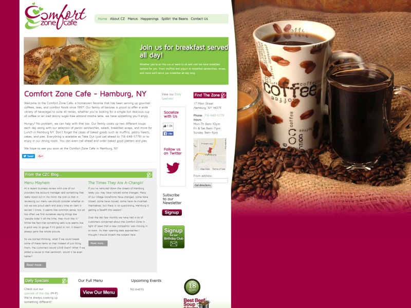 Comfort Zone Cafe Restaurant/Coffee Shop Website 2012