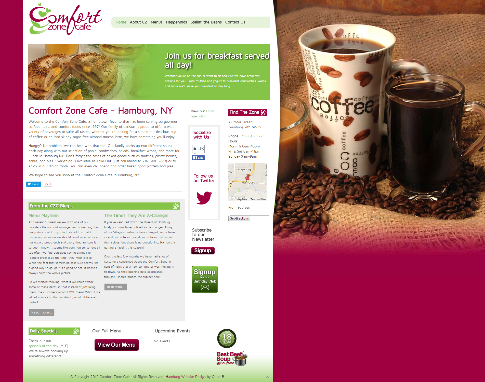 Comfort Zone Cafe Restaurant/Coffee Shop Website 2012